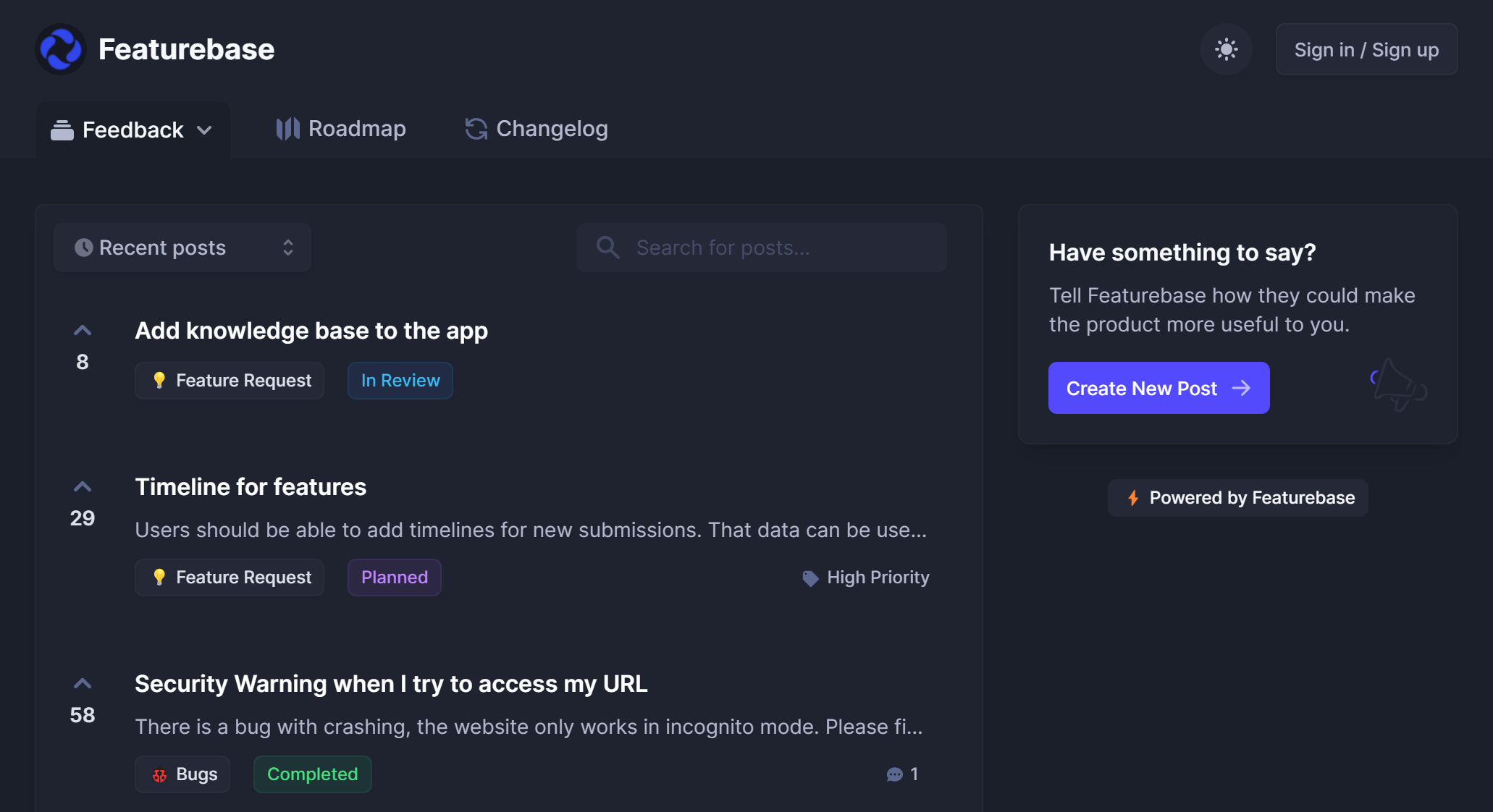 The Featurebase feedback portal showing already received user feedback.