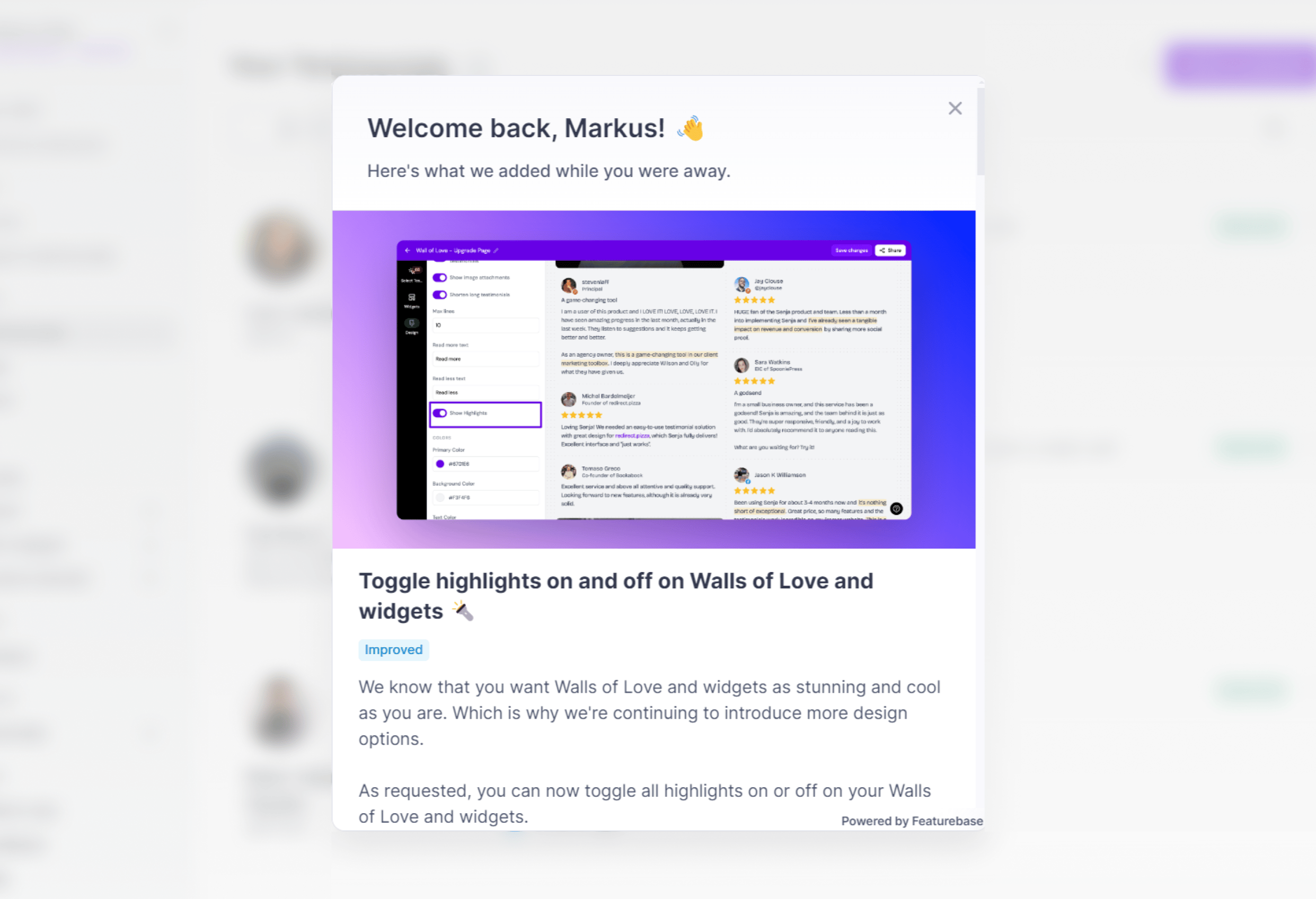 Senja changelog popup