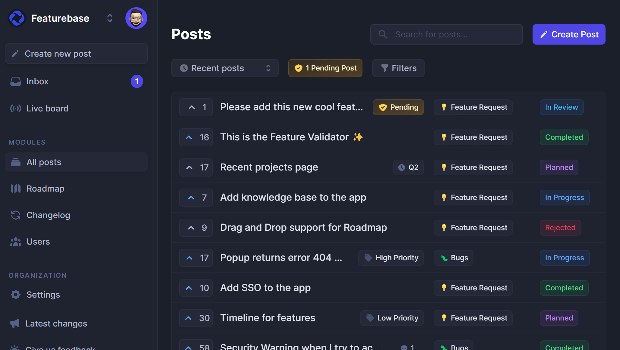 The Featurebase feedback portal showing already received user feedback.