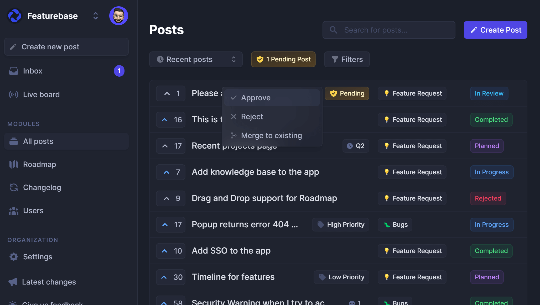 The Featurebase feedback portal showing already received user feedback.