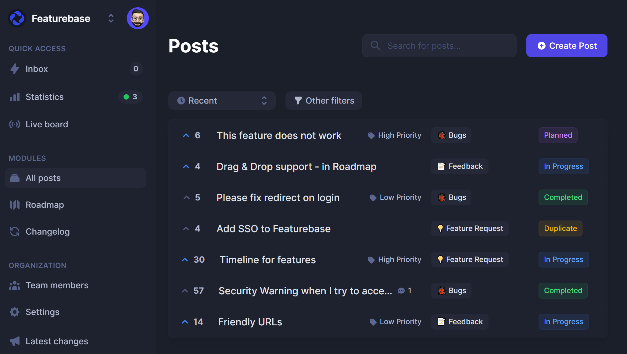 Featurebase dashboard with a list of posts made by users sorted in recent order.
