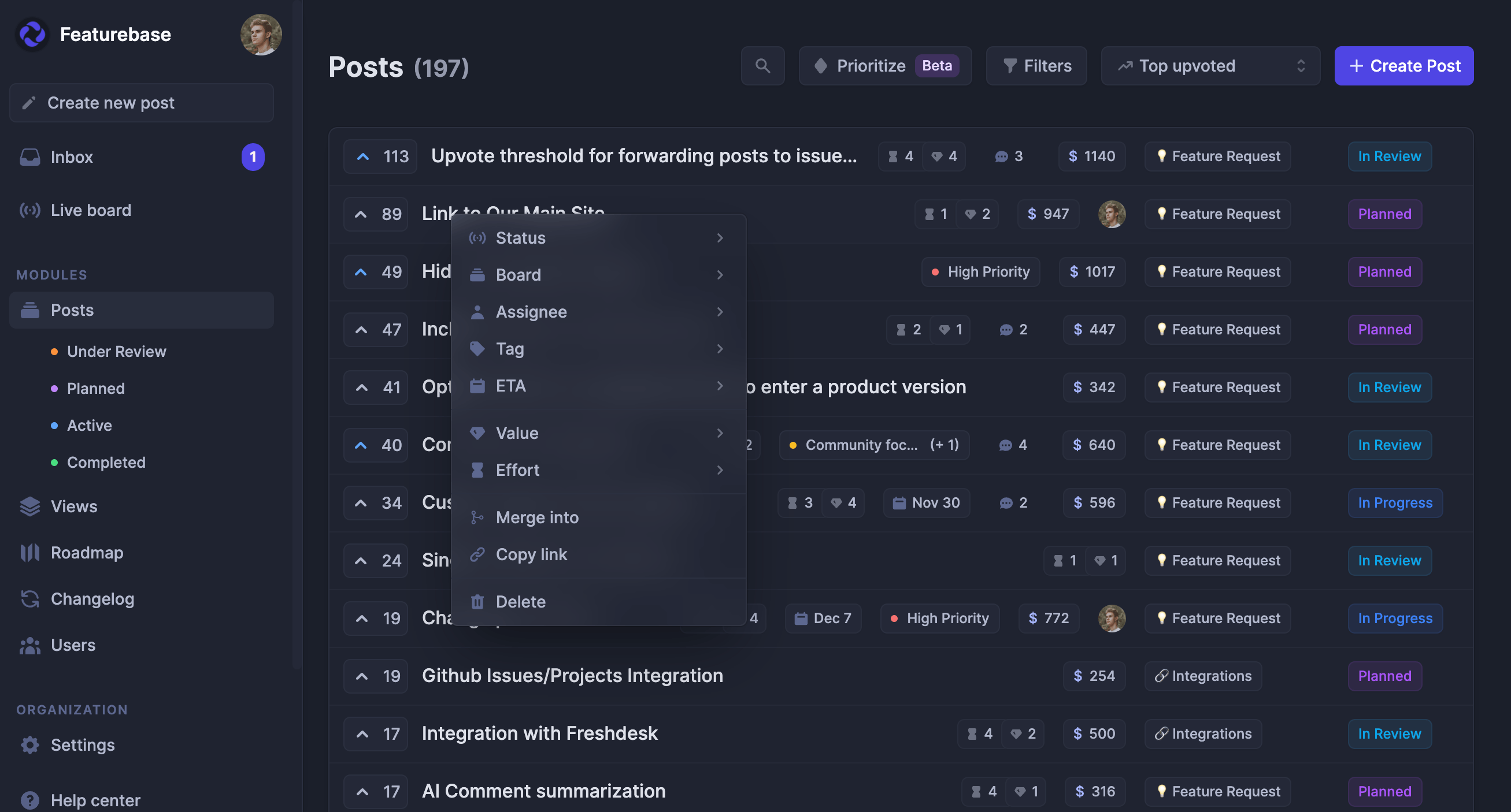 The Featurebase feedback portal showing already received user feedback.