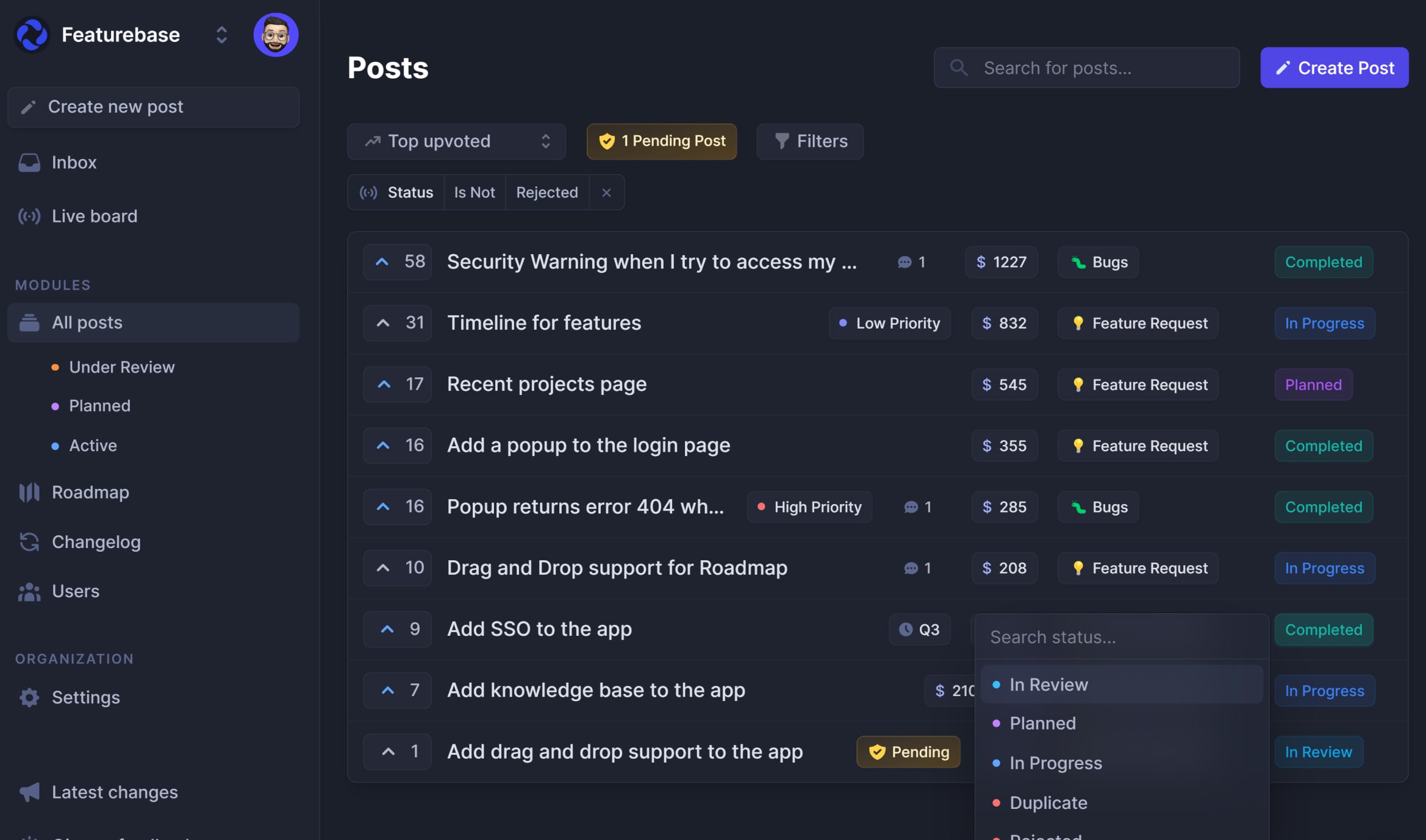 The Featurebase feedback portal showing already received user feedback.